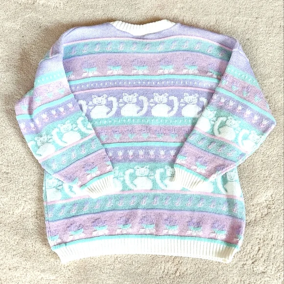 Vintage 1980s Rose Cats Fairy Kei Kawaii Pastel Sweater Sparkle Thread large - Picture 3 of 10